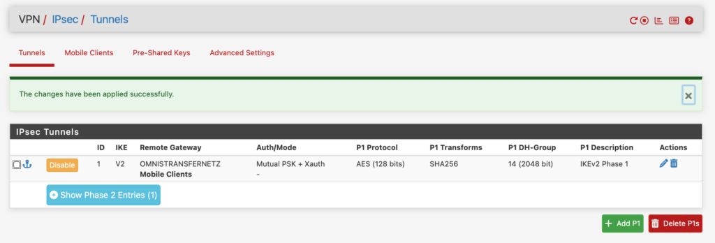 Completed IKEv2 tunnel for Netgate pfSense VPN