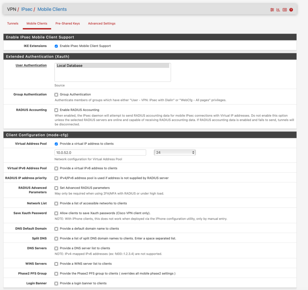 mobile client config for IKEv2 VPN connections on Netgate pfSense