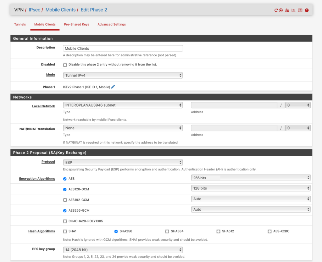 phase 2 setup for Netgate pfSense IKEv2 VPN