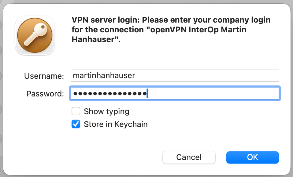 screenshot from VPN Tracker for Mac requesting username and password for pfSense OpenVPN connection 