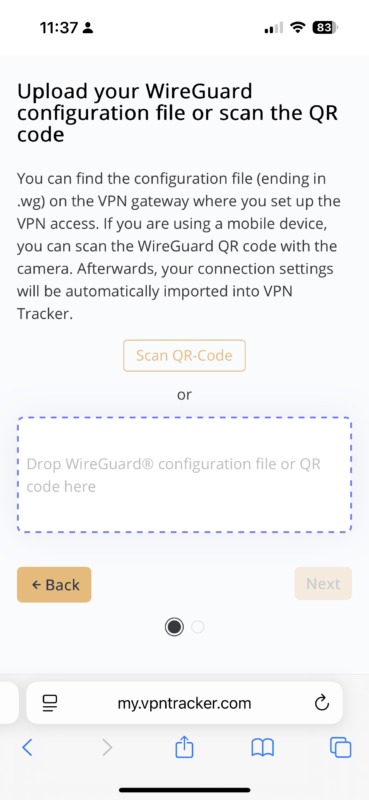 Use the VPN Tracker connection creator to complete the WireGuard iOS setup
