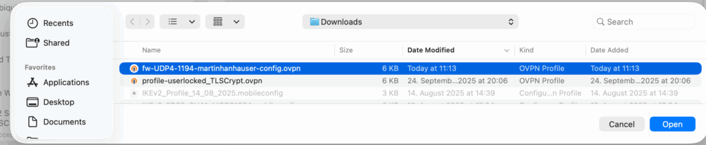 Screenshot of openvpn file upload in VPN Tracker connection creator for Netgate pfSense OpenVPN