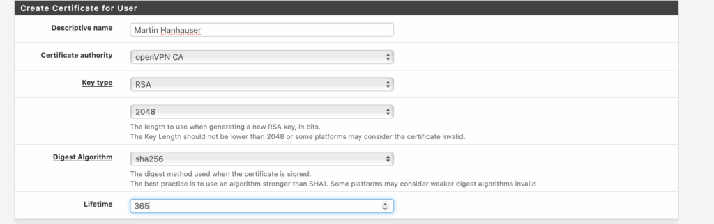 screenshot from netgate pfsense user manager showing how to update user properties and generate user certificate needed for OpenVPN