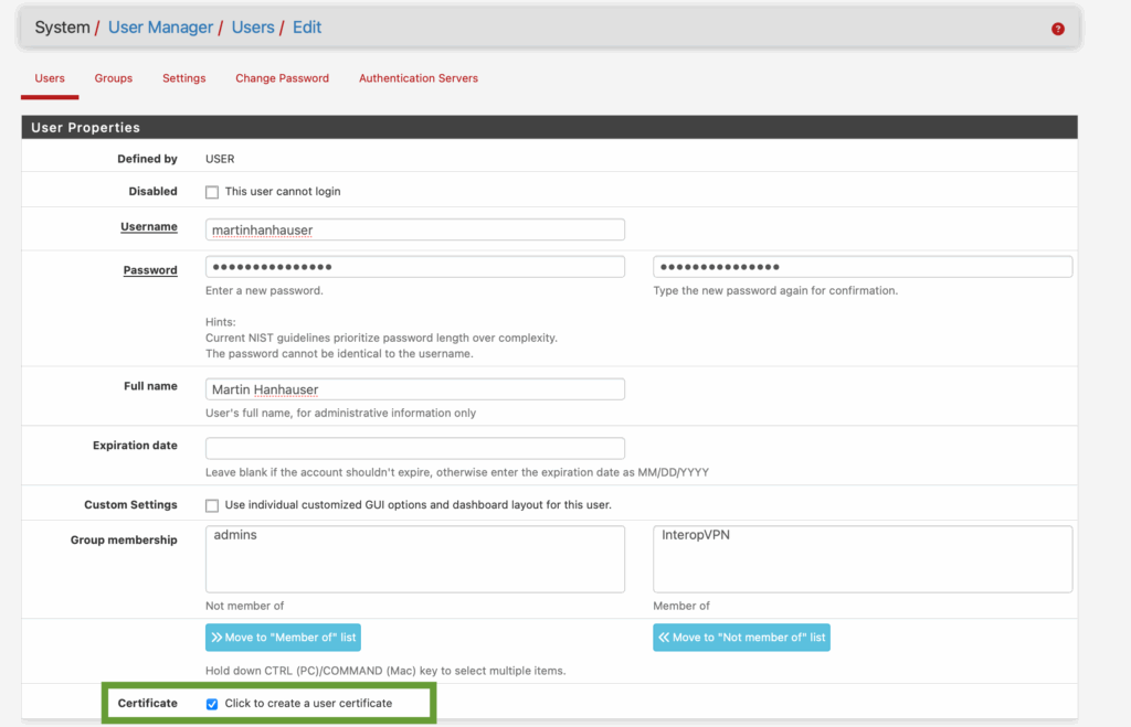 screenshot from netgate pfsense user manager showing how to update user properties and generate user certificate needed for OpenVPN