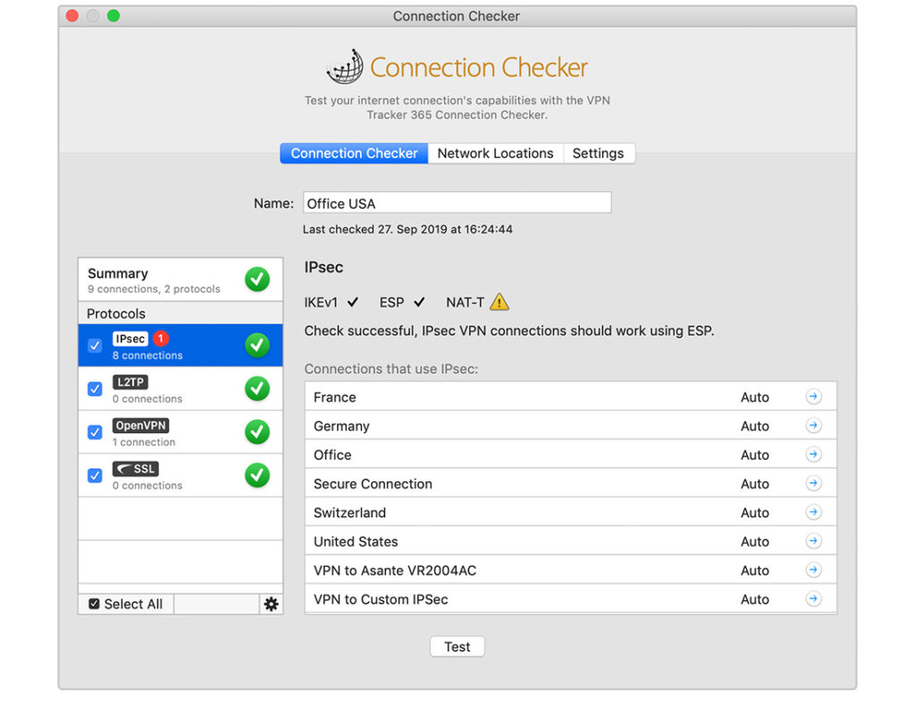 connection checker window in vpn tracker for testing home office vpn setup