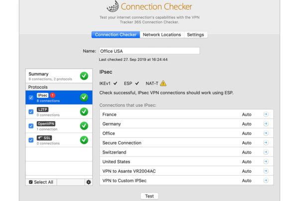 connection checker window in vpn tracker for testing home office vpn setup