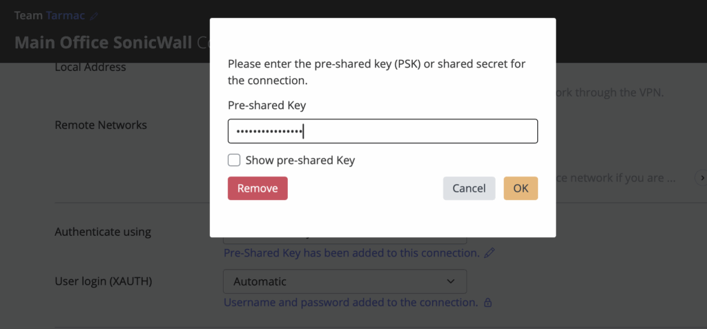 enter your new PSK for your SonicWall connection