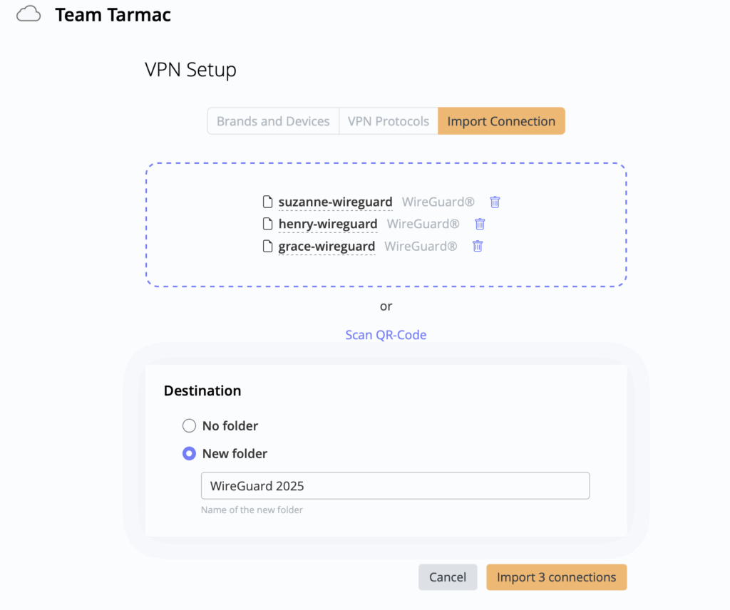 Migrate to WireGuard VPN: update connection names for WireGuard connections and add folders for better organization