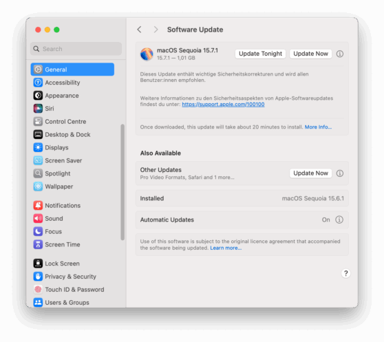 check your home office vpn setup: Mac system settings software update view