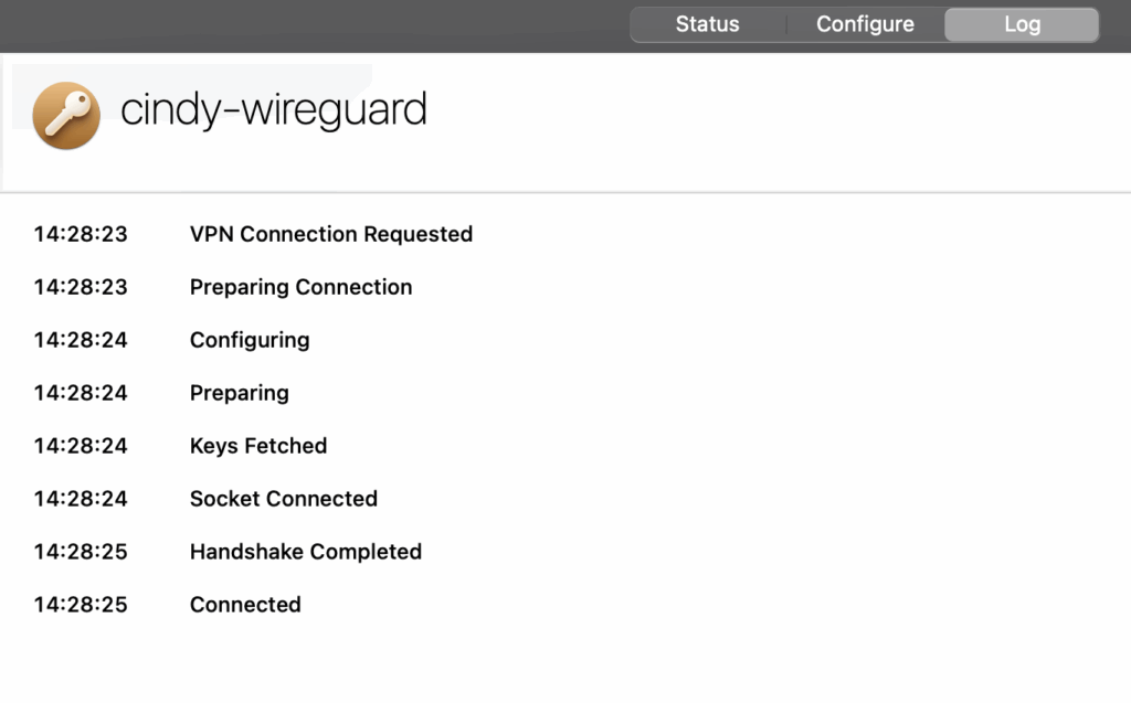 Migrate to WireGuard VPN: connection logs showing successful WireGuard connection during testing