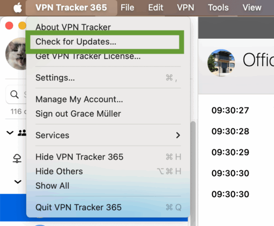 vpn tracker app showing check for updates menu item