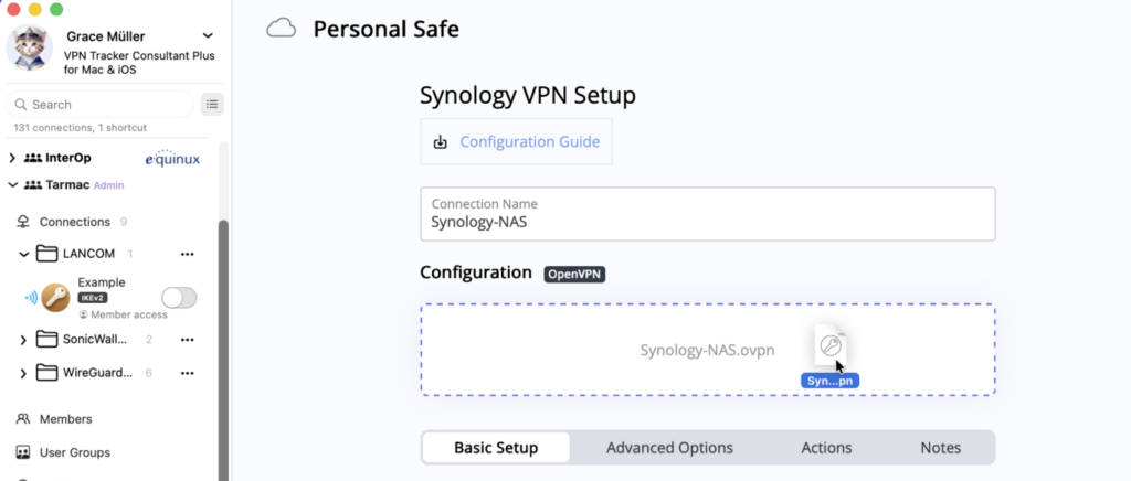 drag and drop your .ovpn configuration file to connect to your Synology OpenVPN server