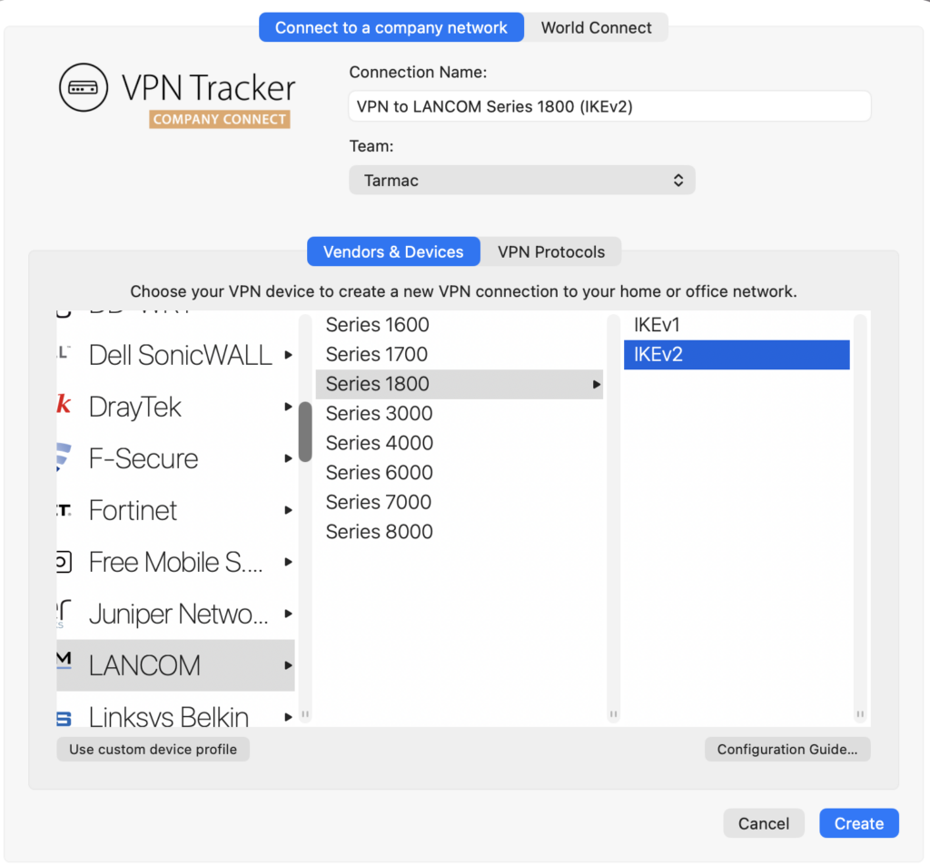 create a new LANCOM IKEv2 VPN Connection for the 1900 series