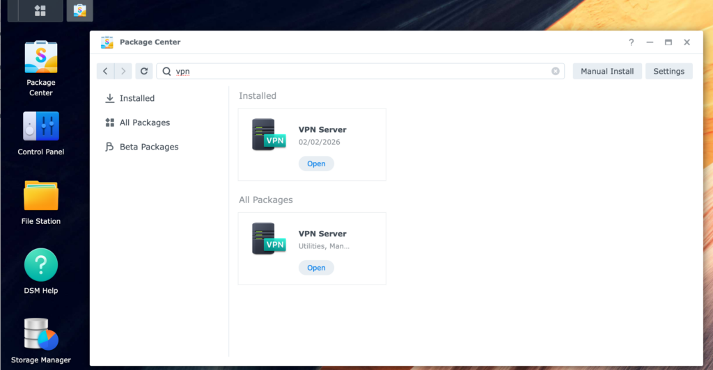 Installing the VPN package on a Synology NAS