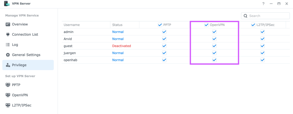 Aktive OpenVPN Berechtigungen auf einer Synology NAS