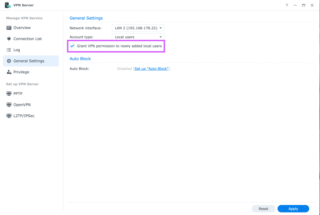 Benutzer VPN-Einstellungen auf Synology NAS