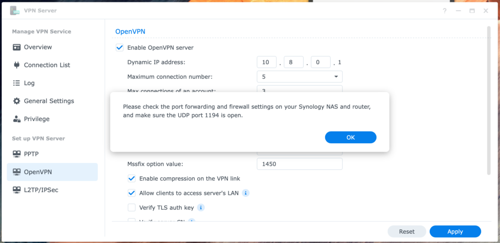 Synology openvpn server warning for port forwarding