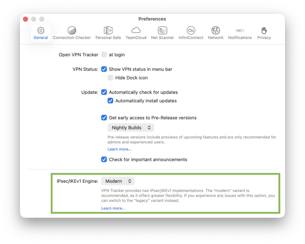 neue IKEv1 Engine in VPN Tracker: App-Einstellungen