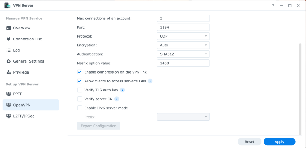Synology OpenVPN Server setup view