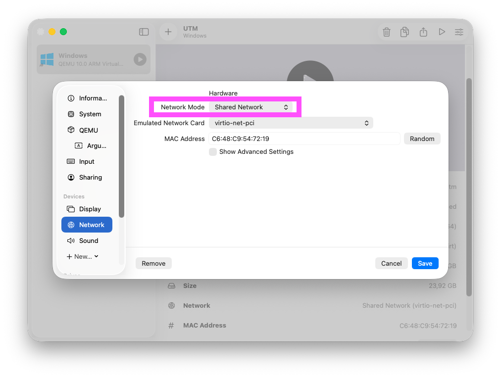 share Mac VPN with VM: UTM network settings on macOS showing Shared Network mode configuration for VPN compatibility