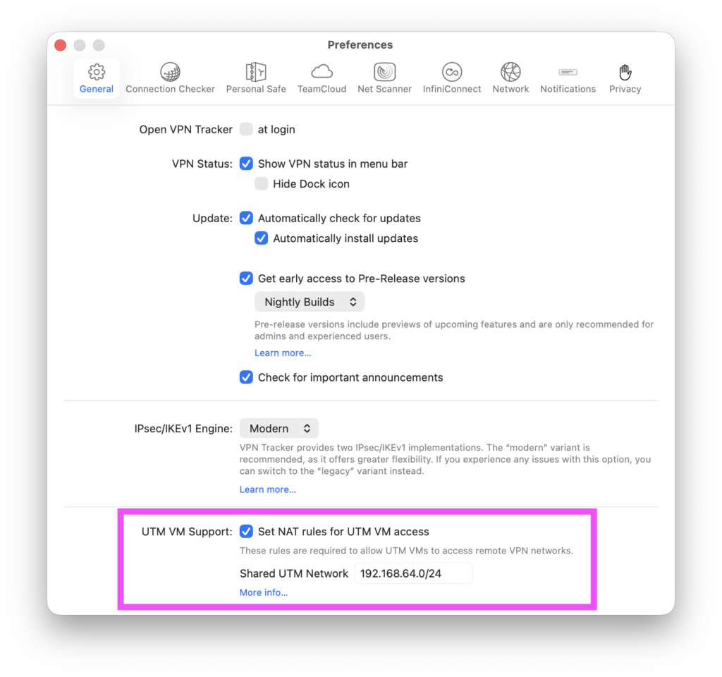UTM VM Support in den VPN Tracker Einstellungen aktivieren