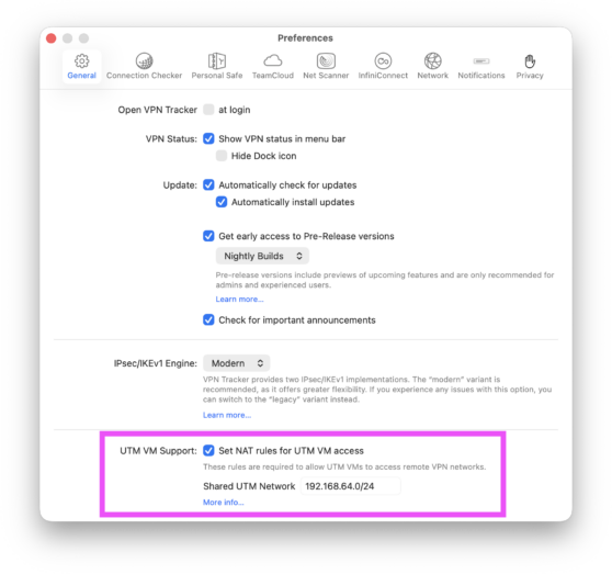Share Mac VPN with VM: Activate UTM VM support in VPN Tracker settings